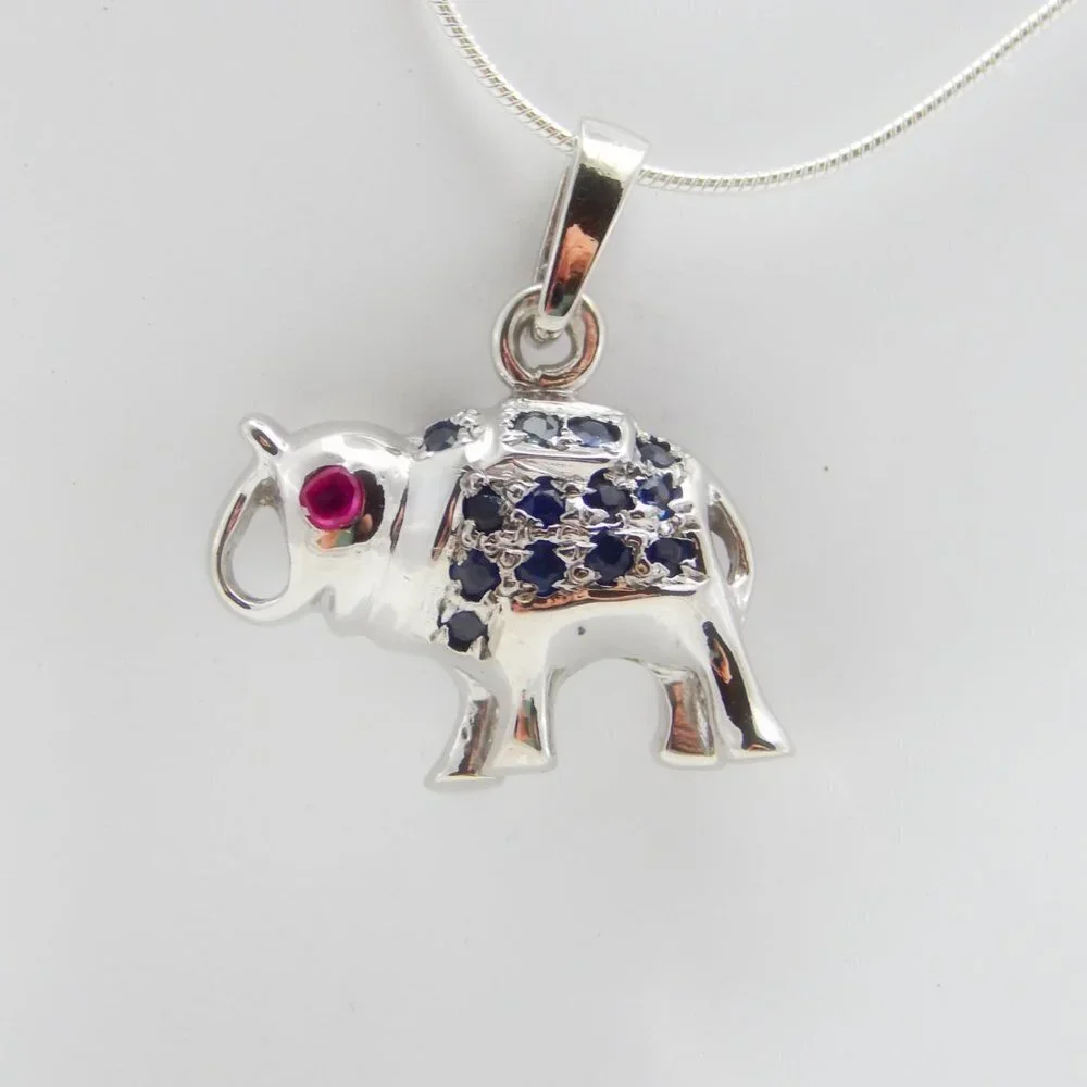 Genuine Ruby and Sapphire Lucky Elephant Necklace in 925 Sterling Silver